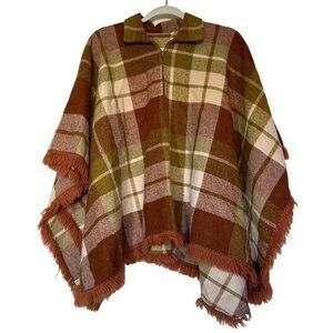 Vintage 60s Plaid Wool Fringe Poncho With Zip Collar